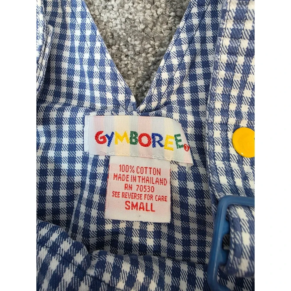 Vintage Gymboree Blue White Gingham Baseball Shortall Overalls Kids Small 90s